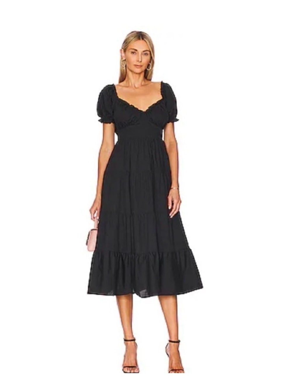 ASTR the Label Puff Sleeve Tiered Poplin Black Midi Dress Size S